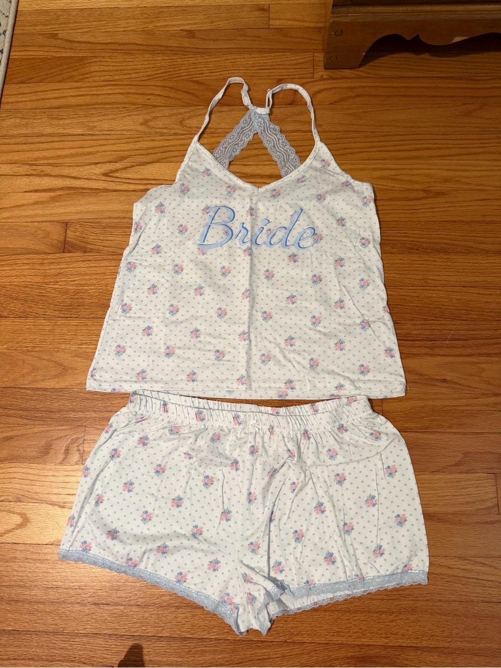 Bride Floral Lace-Trim Cami & Short pajama Set - White/Blue